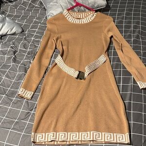 Chic Tan Long Sleeve Dress with Greek Key Design